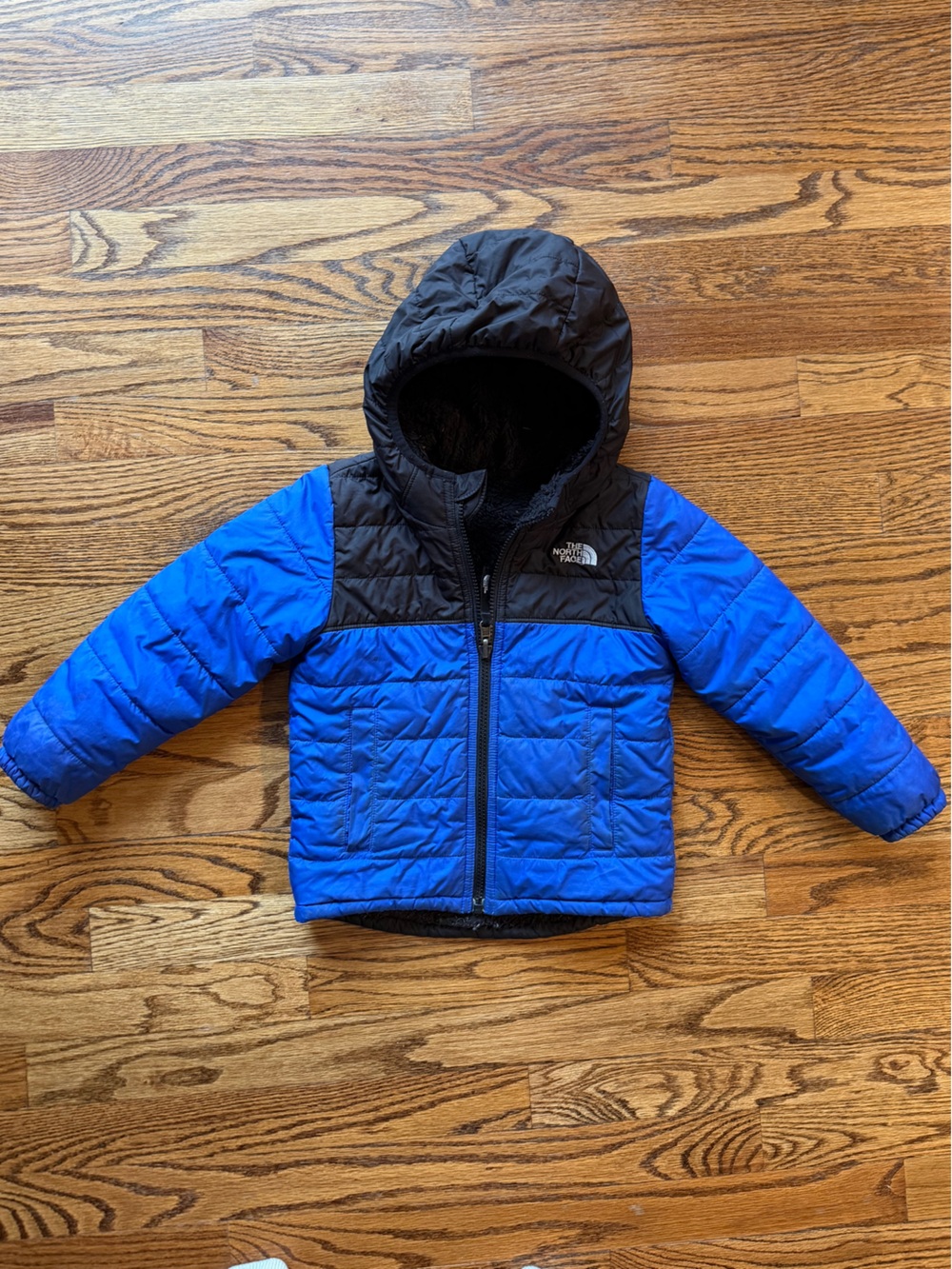 The North Face Blue and Black Hooded Puffer Jacket for Kids